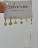 Trio de Argolas Olho Grego com Corrente - Semijoia Banhado a Ouro 18k