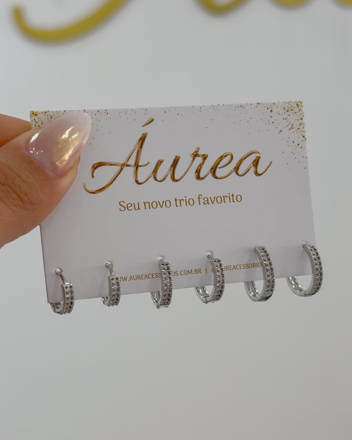 Trio de Argolas Cravejadas - Semijoia Folheada em Prata