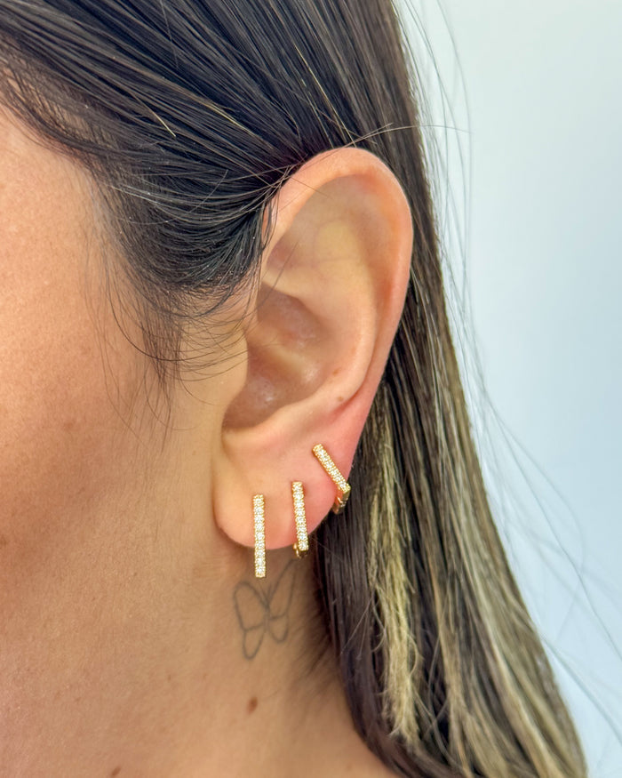 Trio de Brincos Argola Quadrada Cravejada - Semijoia Folheada a Ouro 18k