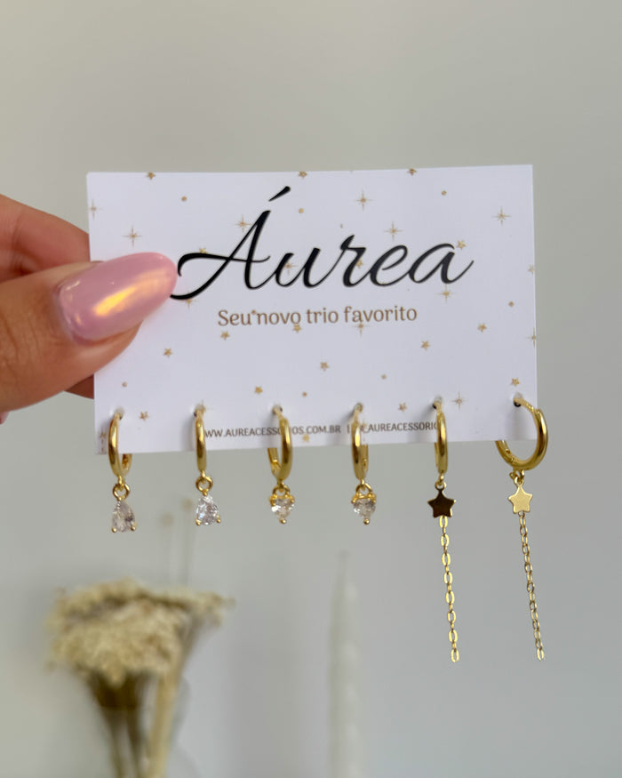 Trio de Argolas Star Corrente - Semijoia Banhado em Ouro 18k