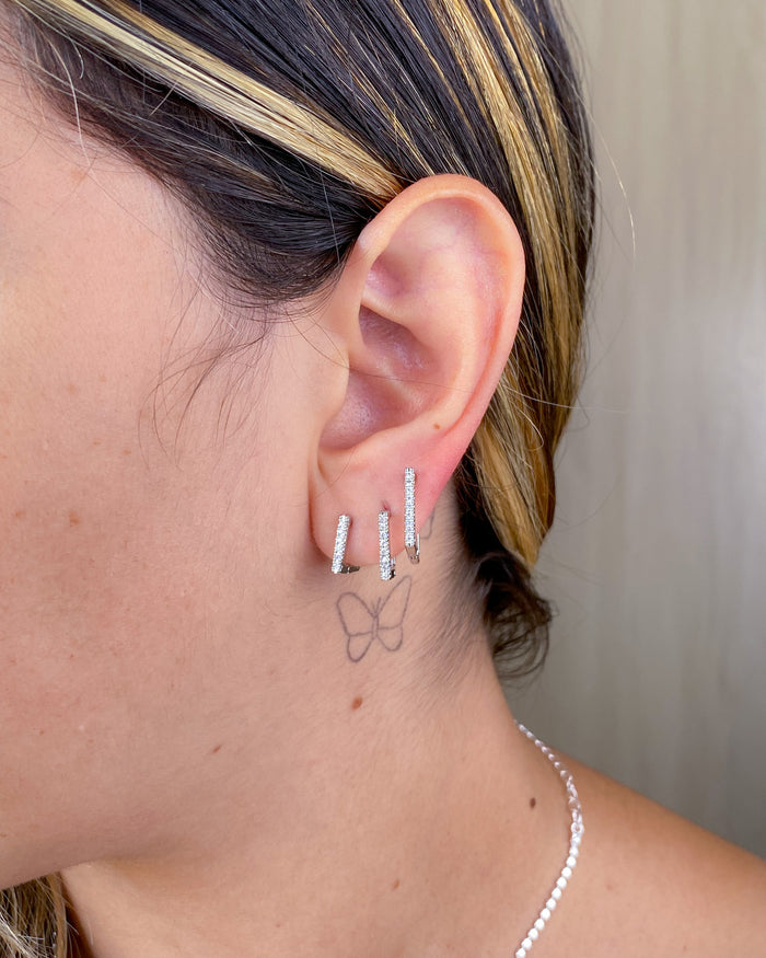 Trio de Brincos Argola Quadrada Cravejada - Semijoia Folheada em Prata