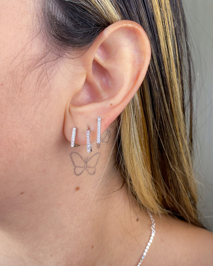 Trio de Brincos Argola Quadrada Cravejada - Semijoia Folheada em Prata