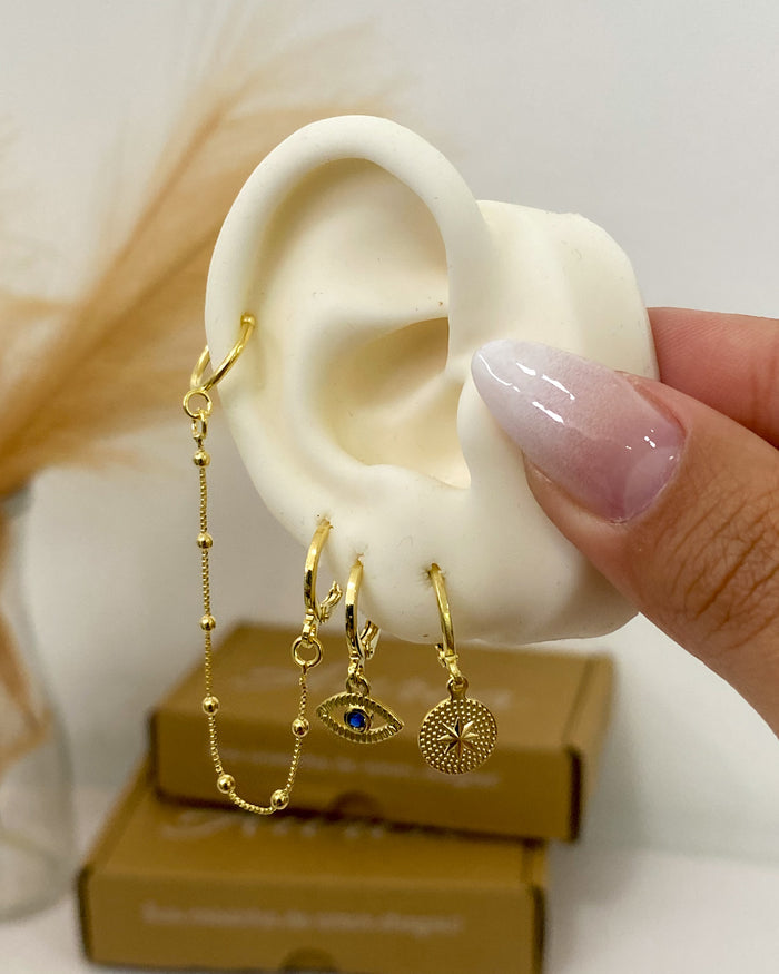 Trio de Argolas Olho Grego com Corrente - Semijoia Banhado a Ouro 18k