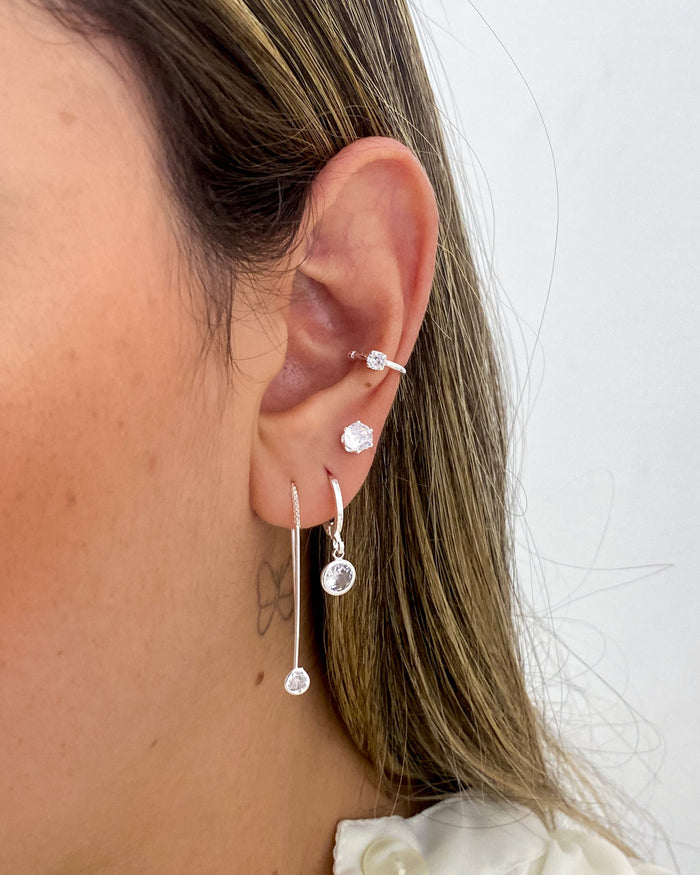 Trio de Brincos Agulha Zircônia - Semijoia Banhado a Prata