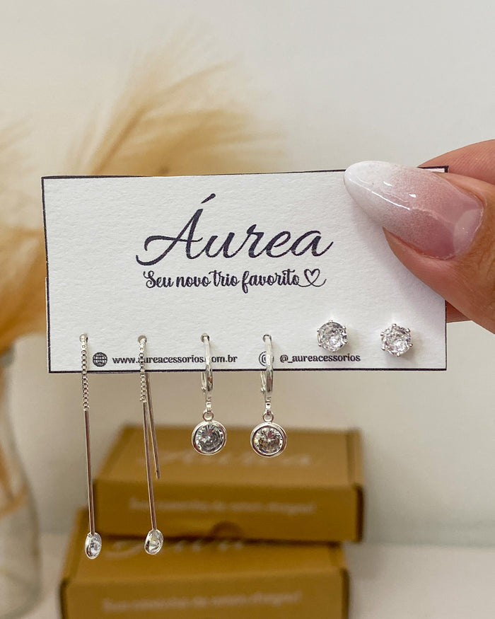 Trio de Brincos Agulha Zircônia - Semijoia Banhado a Prata