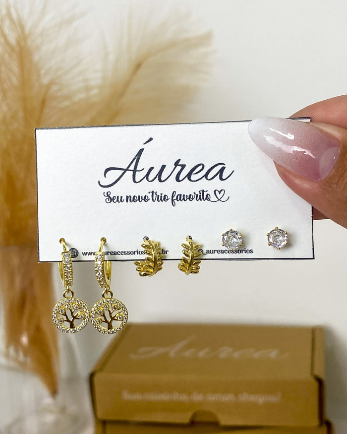 Trio de Brincos Árvore da Vida - Semijoia Banhado em Ouro 18k