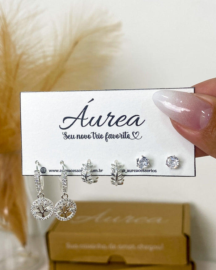 Trio de Brincos Árvore da Vida - Semijoia Banhado a Prata