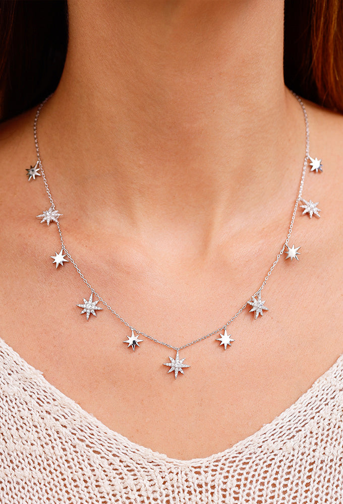 Colar Estrelas De 8 Pontas Lisas E Cravejadas