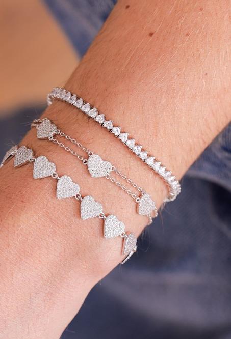 Pulseira Riviera 3 Garras Coração - 3mm, Zircônia Branca